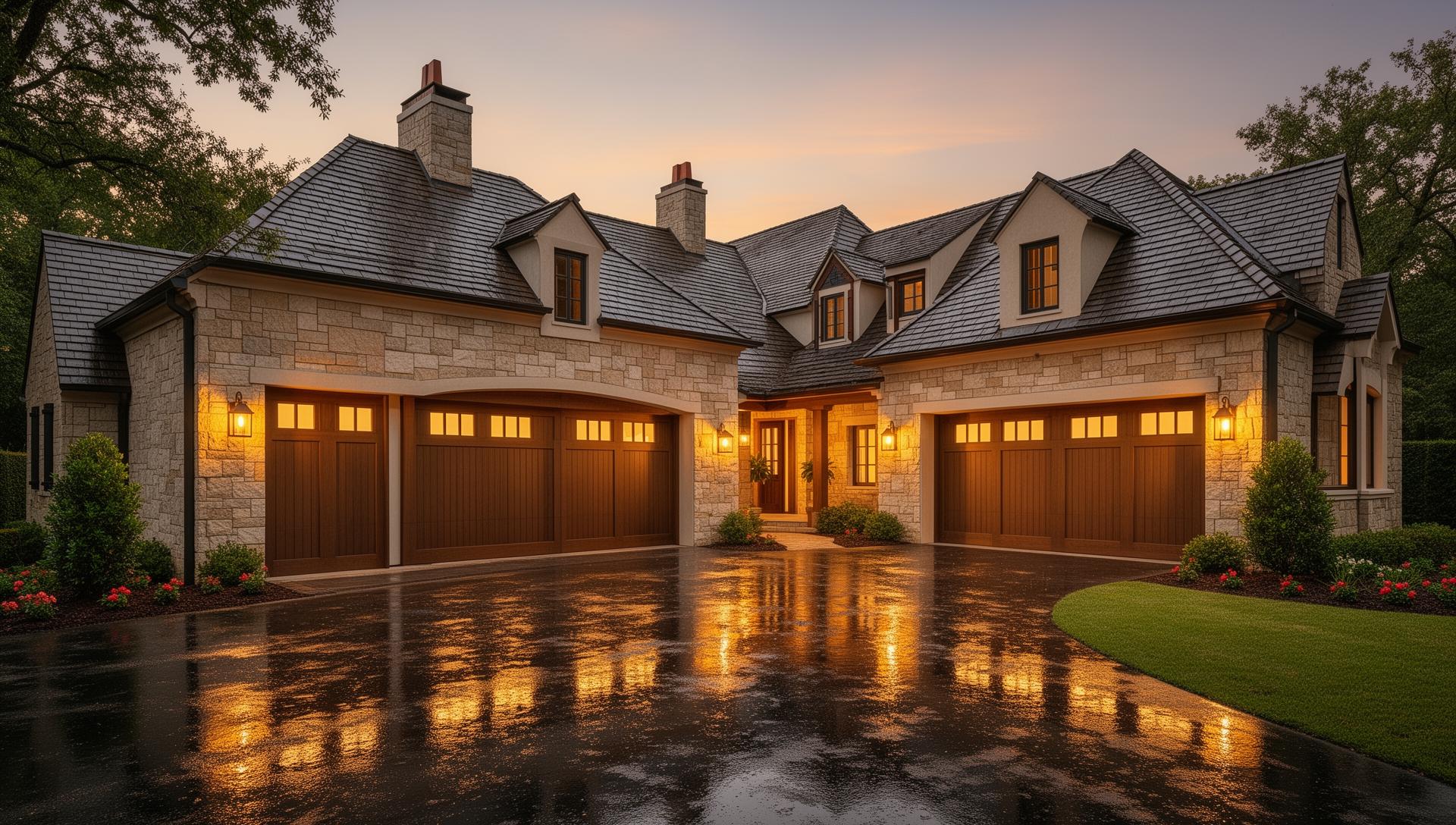 Craftsman style garage doors with rectangular windows on French country estate in Oak City NC
